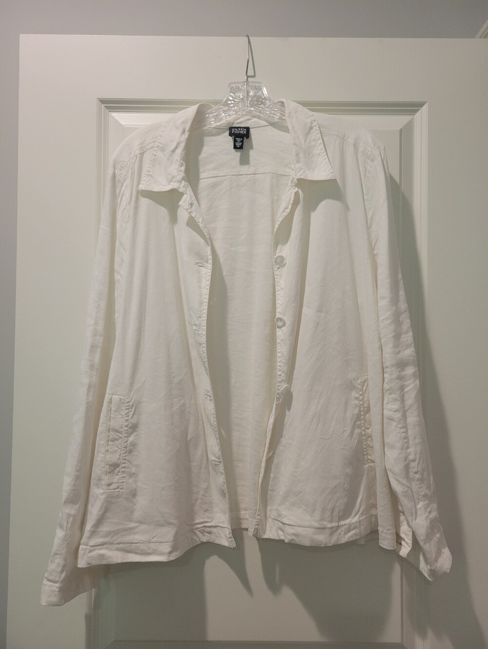 Eileen Fisher White Linen-Blend Button Front Shirt Jacket- Pockets!